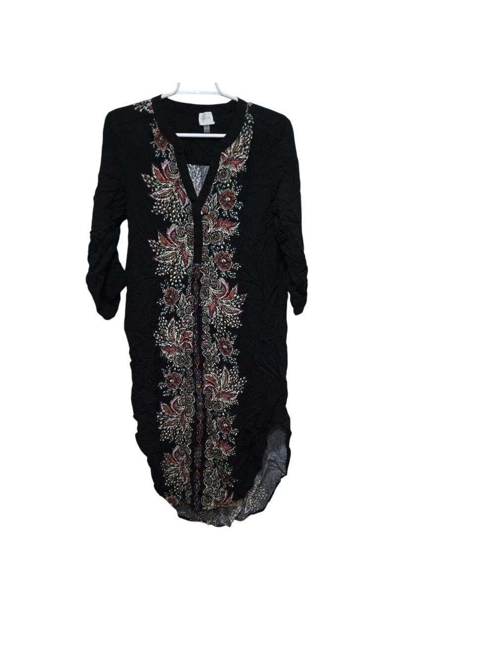 Cupio Black Floral Paisley High Low Tunic Shirt Dress Large Boho